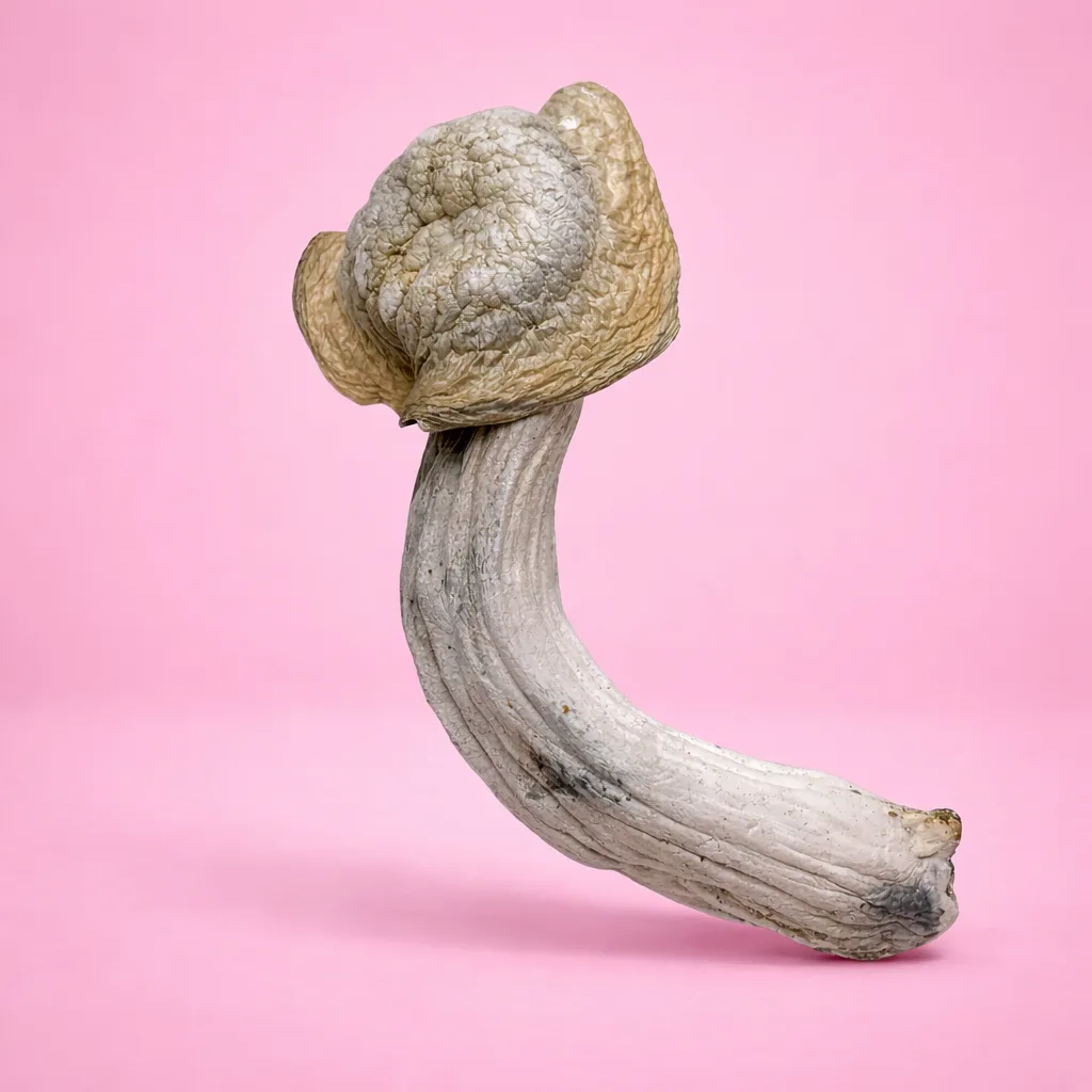 Ghost psilocybin mushrooms – dried magic mushrooms with pale caps and twisted stems, available from Baked In Bushwick.