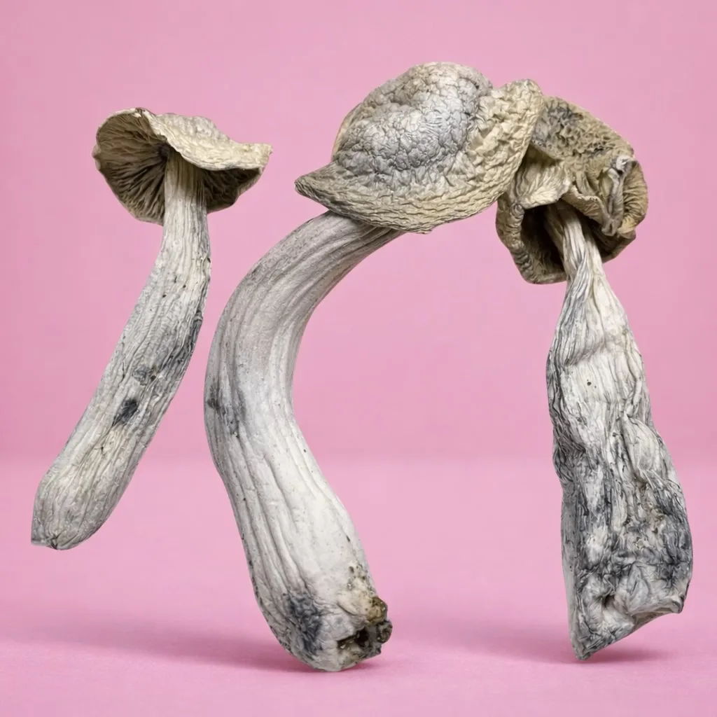 Ghost psilocybin mushrooms – dried magic mushrooms with pale caps and twisted stems, available from Baked In Bushwick.