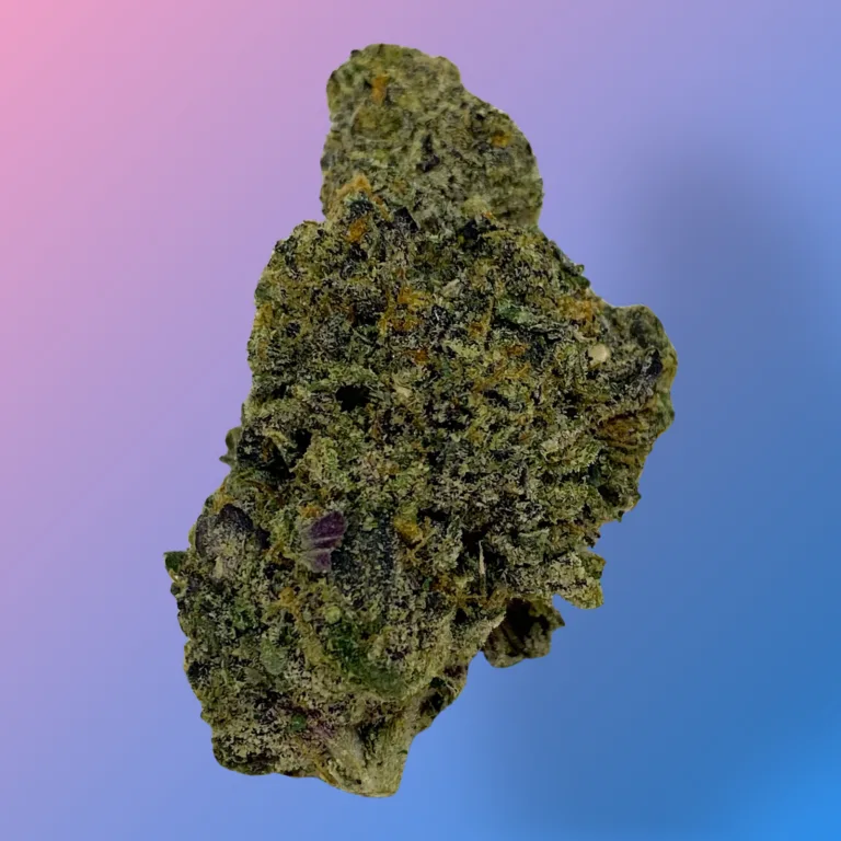 Baked in Bushwick Blue Zushi Strain – 13-20% THC, Indica-dominant hybrid with frosty blue-tinted trichomes.