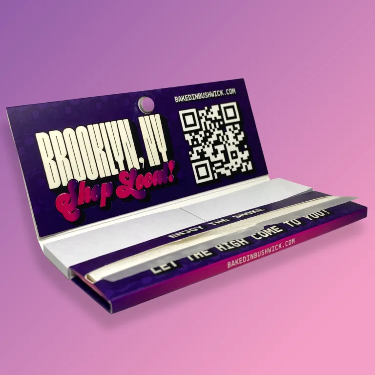 Baked in Bushwick Purple Magnetic Clasp Rolling Paper Booklets – King size papers with perforated tips and magnetic clasp.