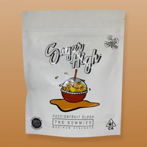 Sugar High Passionfruit Slush Gummies – 500mg THC cannabis-infused gummies with a refreshing, tangy passionfruit flavor