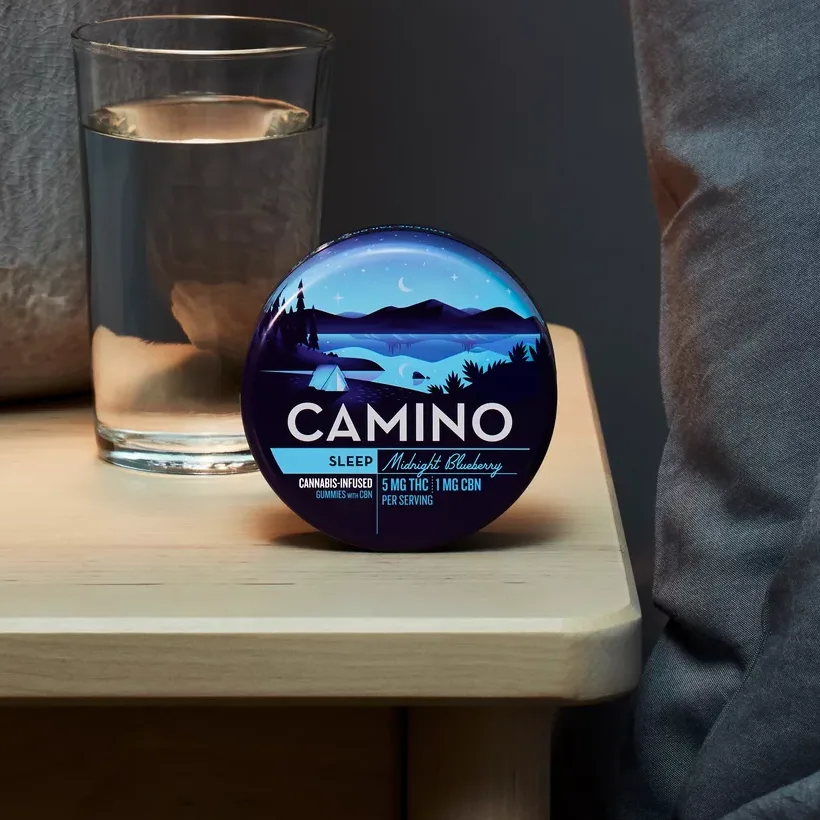 Camino Midnight Blueberry Sleep Gummies – 5mg THC, 1mg CBN per piece in a calming indigo tin