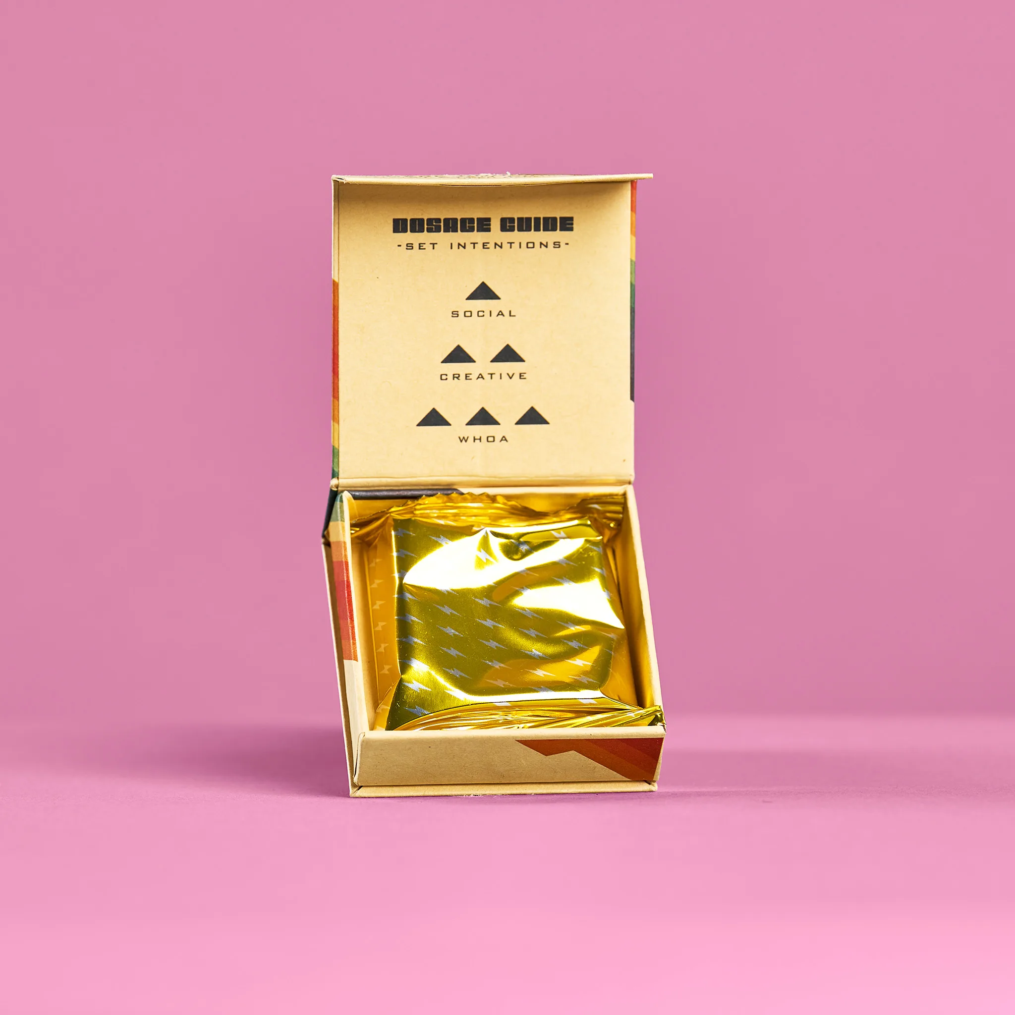 Funguy chocolate bar with triangular segments, made from organic dark chocolate and psilocybin, vegan and gluten-free