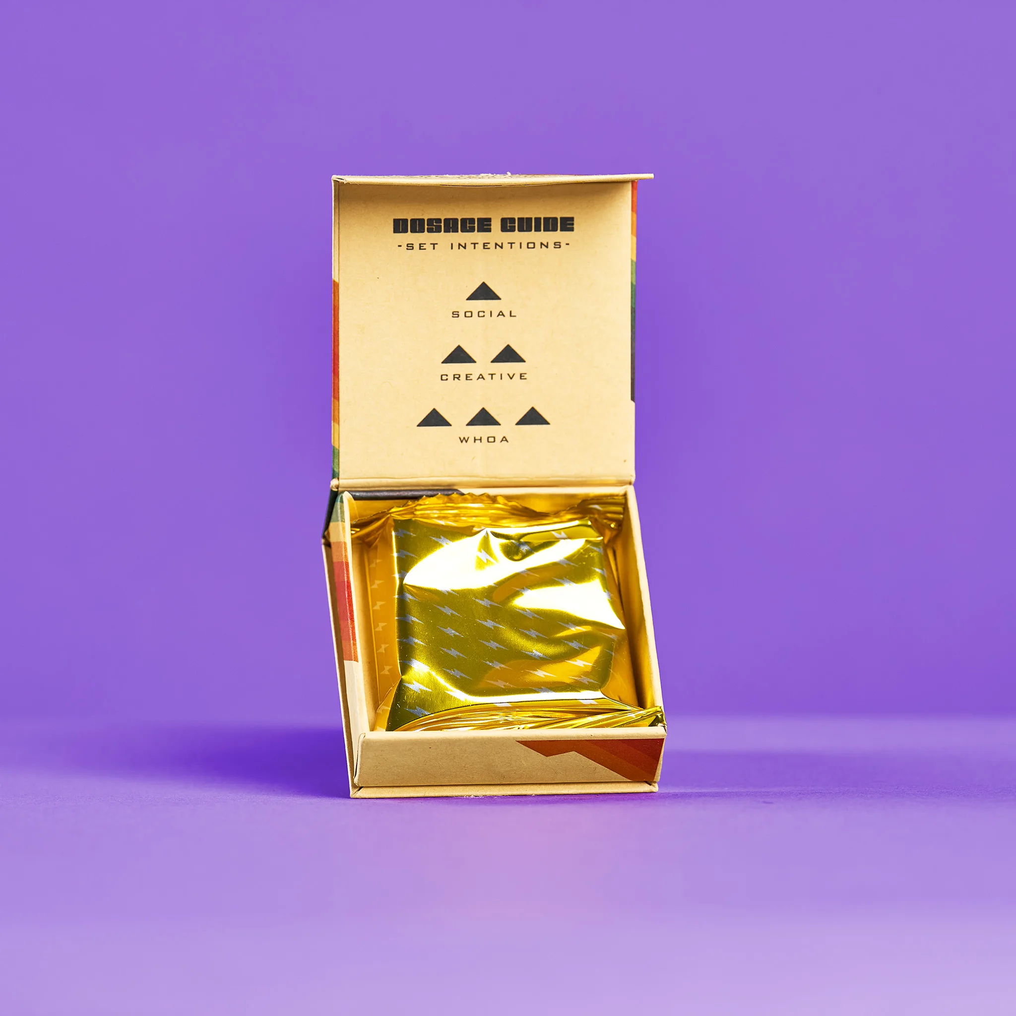 Funguy chocolate bar with triangular segments, made from organic dark chocolate and psilocybin, vegan and gluten-free