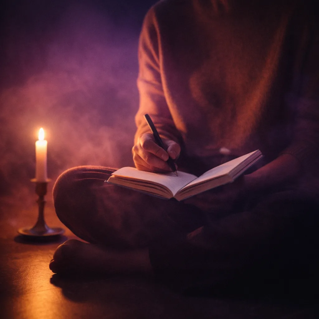 Person journaling by candlelight in a dim room representing intention setting before a psychedelic mushroom experience