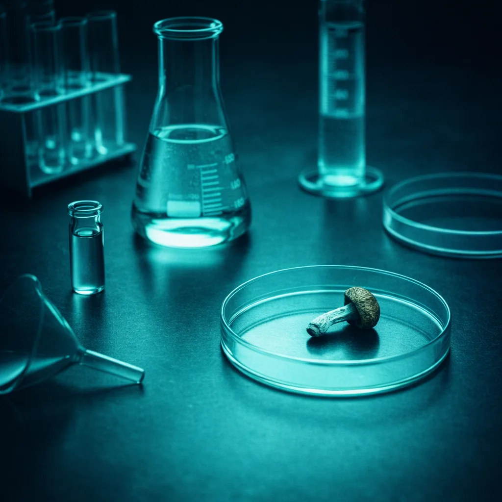 Laboratory glassware and petri dish with mushroom sample under teal lighting representing psilocybin research