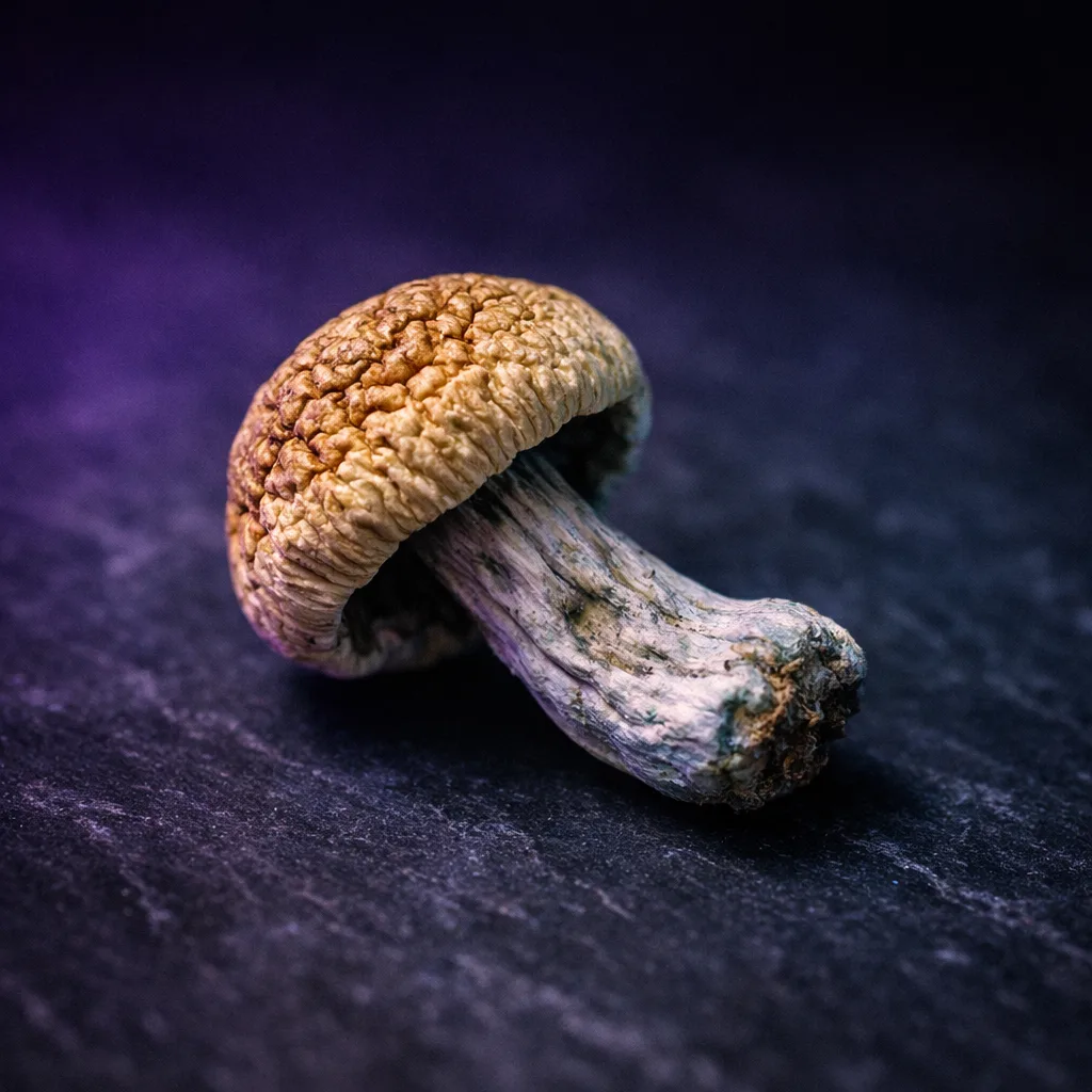 Macro close-up of a dried psilocybin mushroom on a dark slate surface with purple and teal lighting