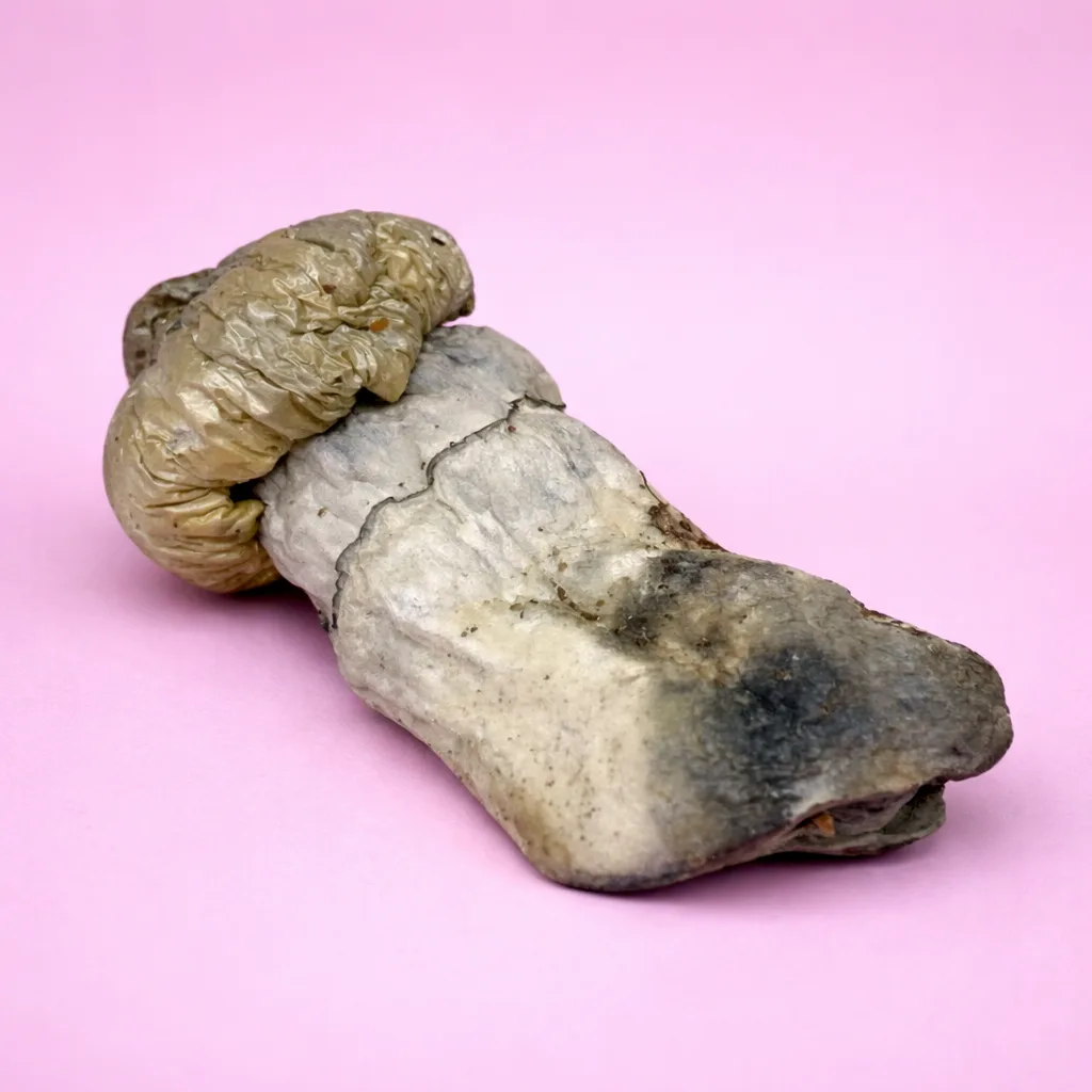 Dried Jedi Mind Fuck psilocybin mushrooms with twisted stems and bruised blue caps